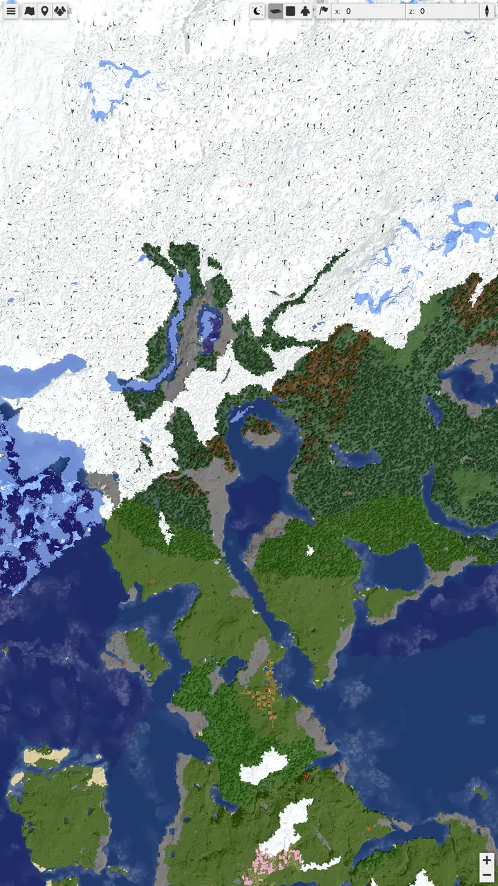 Overhead map of Neviroth's snowy mountains, forests, lakes, coasts, and unclaimed land
